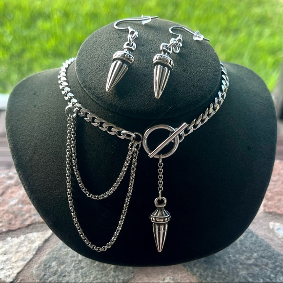 Cuban chain stainless steel with dangly spikes gothic charm choker necklace set - Picture 7 of 9